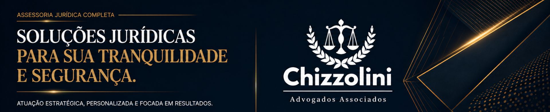 Banner da Chizzolini Advocacia com chamada sobre soluções jurídicas e áreas de atuação: condominial, empresarial, trabalhista, digital, contratos e cobrança.