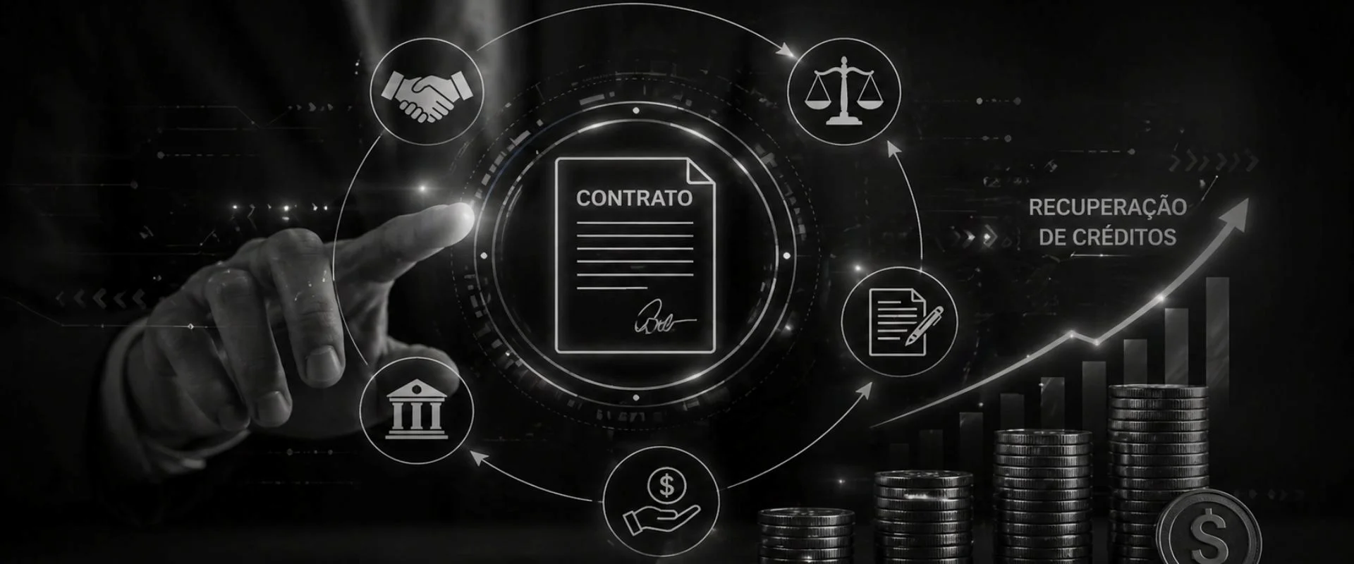 Documento jurídico sendo assinado em ambiente corporativo, representando elaboração de contratos e recuperação de créditos empresariais