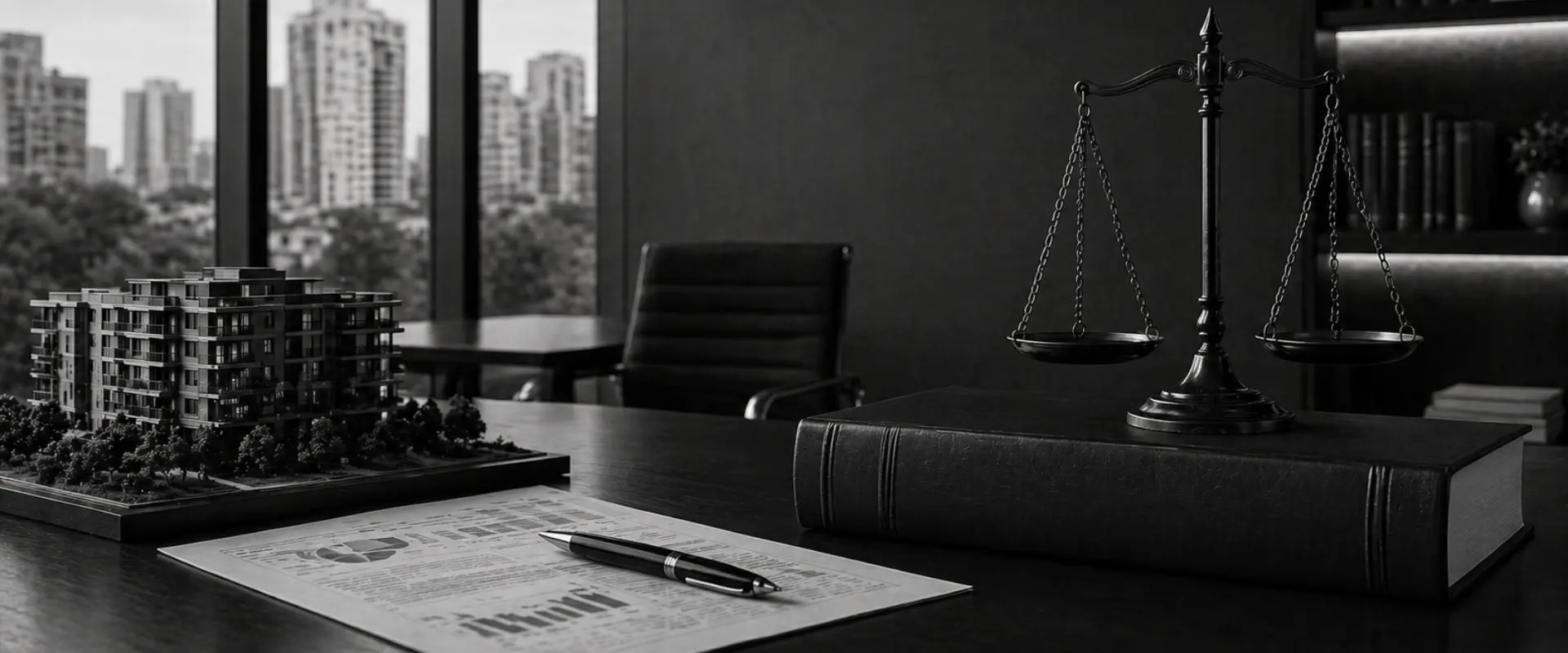 Escritório de advocacia com balança da justiça em ambiente corporativo, representando atuação em direito condominial