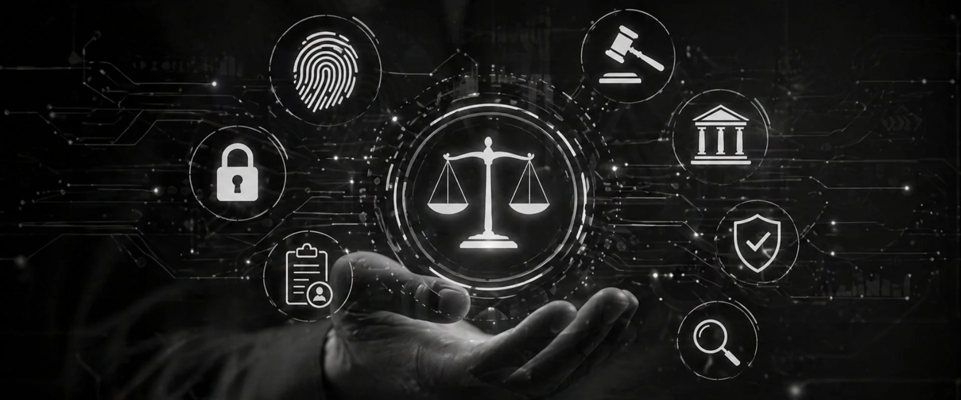 Ambiente digital com elementos tecnológicos e proteção de dados, representando assessoria jurídica em direito digital e LGPD